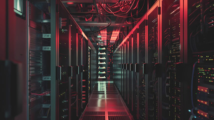 Data Center Corridor With Illuminated Server Racks - obrazy, fototapety, plakaty
