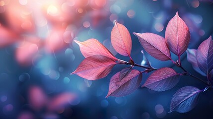 Beautiful pink autumn leaves on a blue background with bokeh