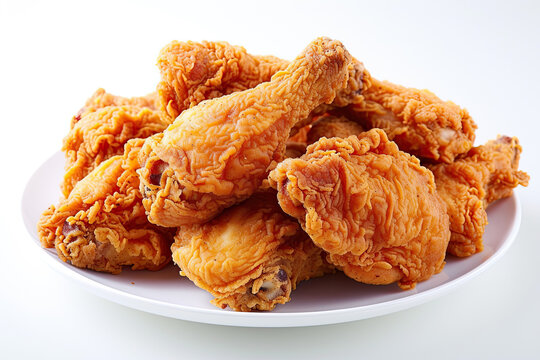 pile of crispy fried chicken on a white plate isolated on white background