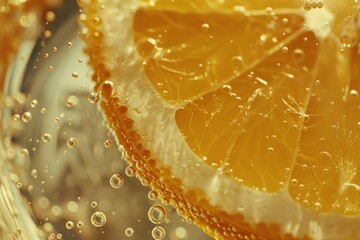 A slice of orange in a glass with bubbles, close up.