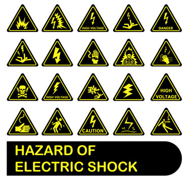 Triangular black electric danger signs. High voltage sign. Vector illustration.