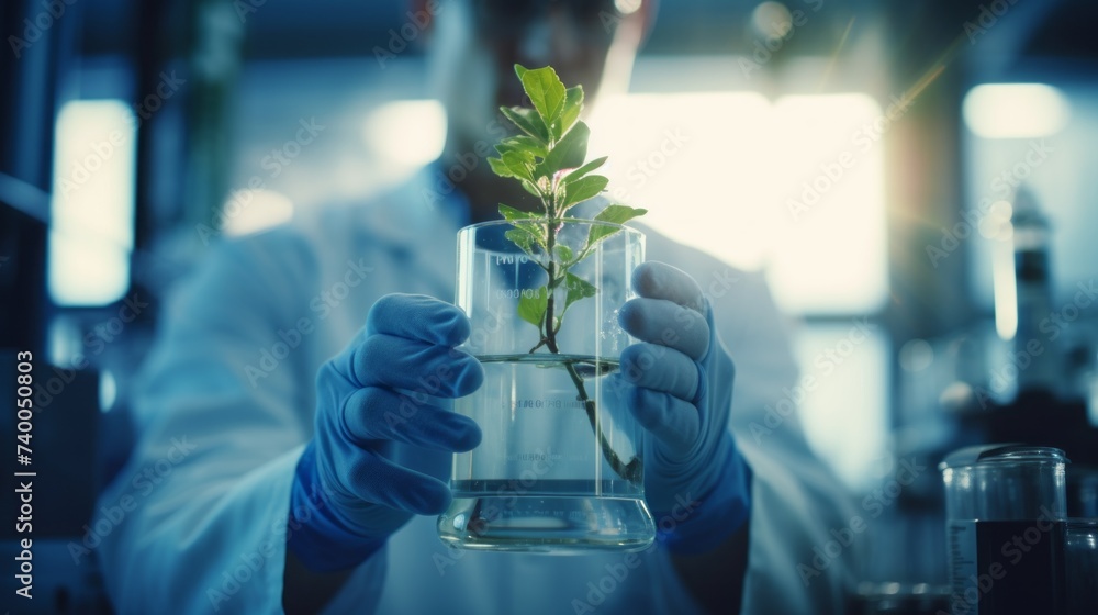 Poster Close-up of a scientist holding a flask with green seedlings in the laboratory. The concept is a scientific experiment, New varieties of vegetables, Quality control of greenhouse seedlings.