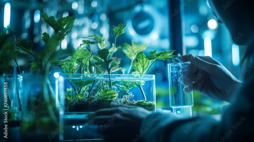 Poster close-up of a scientist's hand holding a test tube with tomato seedlings in the laboratory. the conc
