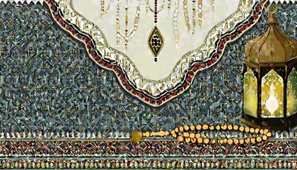 Fotobehang Ramadan ornamental background of mabuya, rug and prayer beads, wallpaper © luis