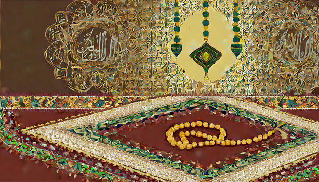 Ramadan ornamental background of mabuya, rug and prayer beads, wallpaper