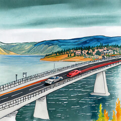 Traffic driving across Bridge over Okanagan Lake, Kelowna, British Columbia, Canada