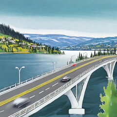 Traffic driving across Bridge over Okanagan Lake, Kelowna, British Columbia, Canada