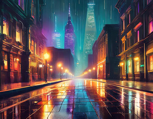 Travel and destination concept. Night city and wet reflective empty road or street background with copy space. Buildings illuminated with colorful lights. Festive mood