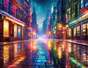 Travel and destination concept. Night city and wet reflective empty road or street background with copy space. Buildings illuminated with colorful lights. Festive mood