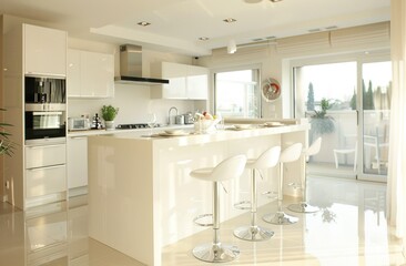 a white kitchen has a bar and white cabinetry,