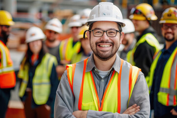 engineer man smiling in diverse group of team on construction site