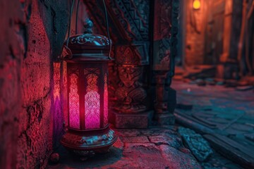 an islamic lamp is lit up night in karachi