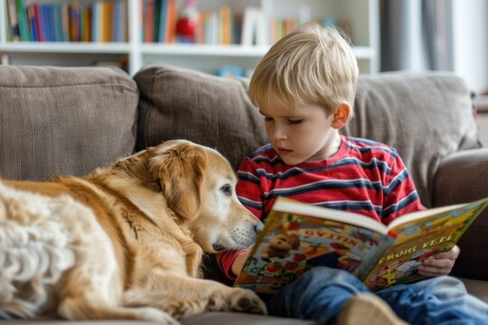 Little boy is sitting on a couch and reading a book to his cute abrador retriever dog