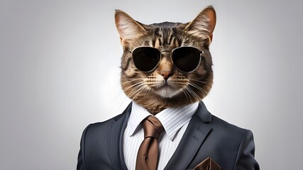 A suave cat, dressed to impress in a sleek suit and aviator sunglasses, standing confidently against a transparent background that adds a touch of sophistication to the overall look.