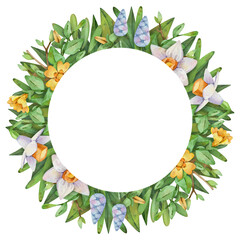 Fototapeta premium Spring round frame with flowers Narcissus, Muscari armeniacum and yellow flowers. Watercolor illustration.