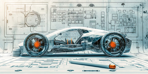 Obraz premium future car under construction on blueprints, building projects concept