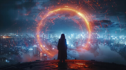 In a futuristic city a hero teleports through a circle portal emerging in a world where magic and technology intertwine - obrazy, fototapety, plakaty