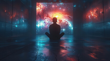 Silhouette of a prisoner praying in a high-tech prison cell the only light coming from a digital window displaying the cosmos