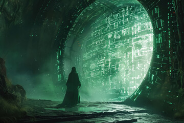 Time traveler entering a cave with walls pulsating with ancient glyphs and futuristic codes