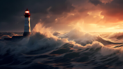 On a stormy night, a lighthouse guides the crashing waves under an ominous sky - obrazy, fototapety, plakaty