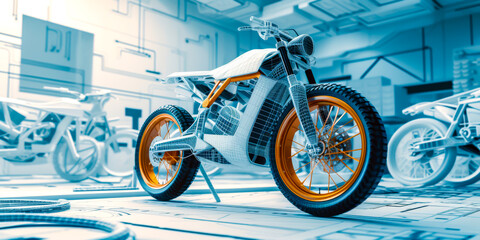 electric scooter under construction on blueprints, building projects concept