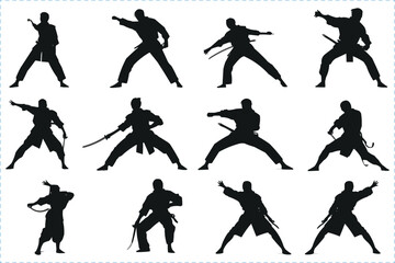 Black silhouettes of Martial Art, Silhouettes of martial arts fighters, Martial art silhouettes in different poses, Karate Silhouette, Martial arts, Martial exercise 