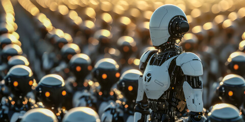 a robot standing in a crowd of other robots - obrazy, fototapety, plakaty