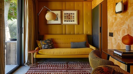 Obraz na płótnie Canvas a guest room with a mid century modern sofa in mustard yellow, creating a retro inspired ambiance