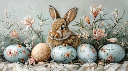 Watercolor easter retro book illustration, bunny surrounded by eggs, symbolizing Easter celebrations