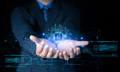 AI ,Business visionary points to AI letter icon on a world map, symbolizing the strategic utilization of AI in global business. Embrace innovation and navigate the future of intelligent technology