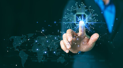 AI ,Business visionary points to AI letter icon on a world map, symbolizing the strategic utilization of AI in global business. Embrace innovation and navigate the future of intelligent technology