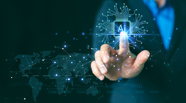AI ,Business visionary points to AI letter icon on a world map, symbolizing the strategic utilization of AI in global business. Embrace innovation and navigate the future of intelligent technology