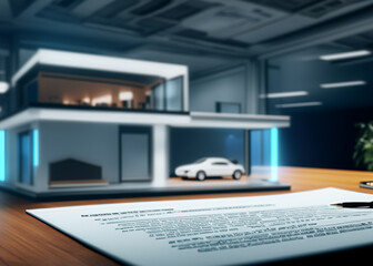 Naklejka premium A concept of a 3D holographic rendering of a futuristic living tiny house on a table in a real estate agency with a contract on the table.