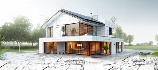 Projet de construction d'une maison moderne d'architecte sous forme d'esquisse avec plan - obrazy, fototapety, plakaty