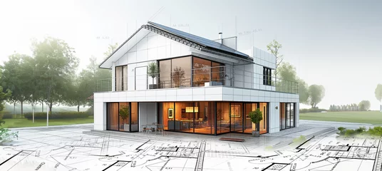 Tapeten Projet de construction d'une maison moderne d'architecte sous forme d'esquisse avec plan © Chlorophylle