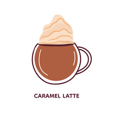 Cute vector illustration of line coffee take away. Caramel coffee. Element isolated on white background. For menu, flyer, booklet, menu. Doodle