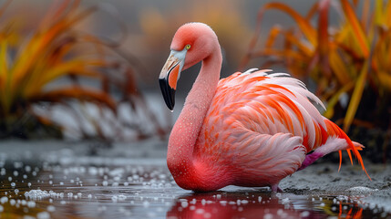 close up wildlife photography, authentic photo of a flamingo in natural habitat, taken with telephoto lenses, for relaxing animal wallpaper and more
