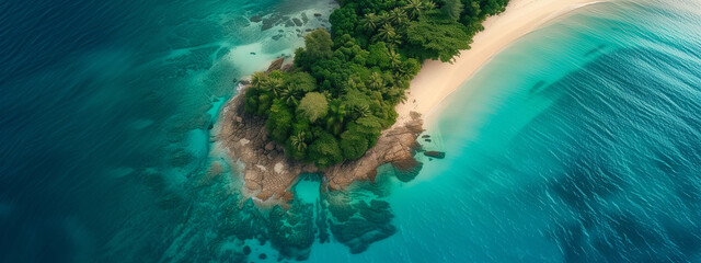 Aerial view of a tropical island. Blue ocean, green palms, yellow sand beach. Drone photography