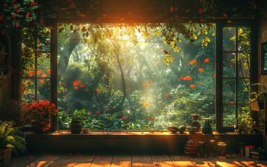 Beautiful view from the window in the forest.