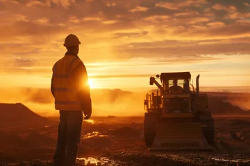 Foto op Canvas worker and construction machinery, silhouette of a person at sunset © Sergei