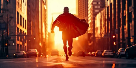 a man dressed as a super hero running through the city - obrazy, fototapety, plakaty