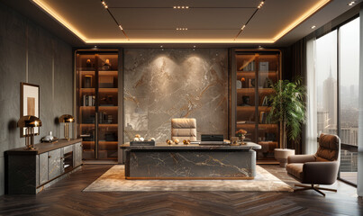 Luxury office interior with marble walls and stylish bookcase along the wall. There is wooden floor and glass ceiling.
