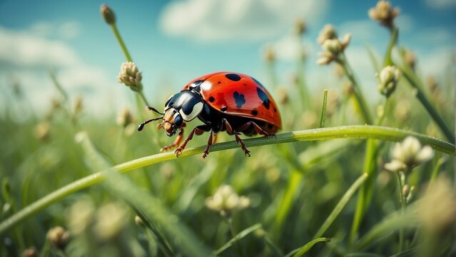 Ant's-Eye View: Take a macro shot of a ladybug crawling on a blade of grass