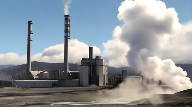 factory chimneys emit smoke against mountain backdrop, with pipes in foreground; dramatic sky with sunlight peeking through clouds, Environmental pollution and air pollution