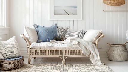 A coastal inspired guest room with a wicker sofa in white, evoking a breezy and relaxed atmosphere - obrazy, fototapety, plakaty