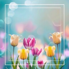 hello spring background with tulip flowers and leaves