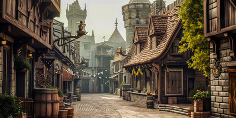 a medieval typical street with some buildings - obrazy, fototapety, plakaty