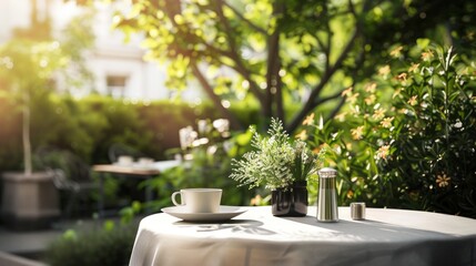 Minimal table setting in a street coffee shop, Closeup