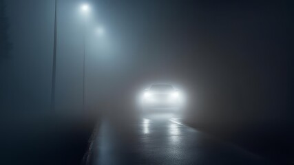 The car is driving along a foggy highway with headlights on.