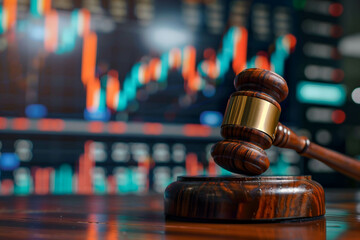 gavel with stock market background, laws and punishments for investors or executives who commit wrongdoing in investing in stock market - obrazy, fototapety, plakaty